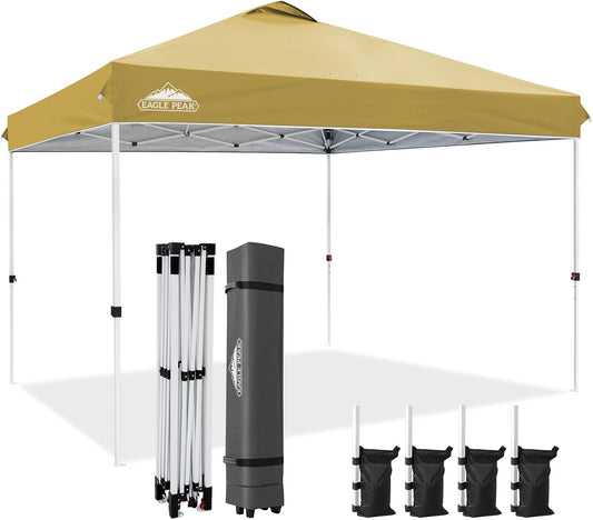 EAGLE PEAK Pop Up Canopy Tent with Wheeled Carry Bag, 8 Stakes, 4 Ropes, 4 Weight Bags, Easy Set Up Tent Canopy, 12x12 ft, 144sqft of Shade, Beige