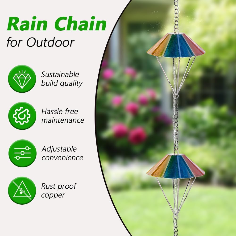 10 Ft Rain Chains for Outside, Colorful Parachute Shape Rain Catcher Chain with 10 Cups for Eaves Drainage, Replacement Downspout for Gutters