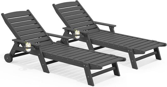 SERWALL Patio Chaise Lounge Chair Set of 2, 78'' Long 5-Positions Adjustable HDPE Outdoor Lounge Chair for Pool, Poly Lounge Chair with Rolling Wheels & Cup Holder for Poolside, Deck, Slate Gray