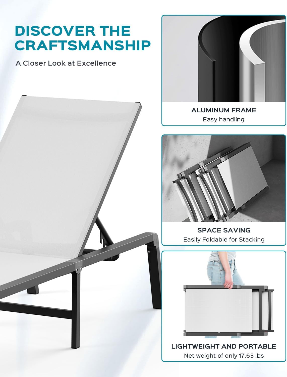 Patio Chaise Lounge Chair, Foldable Lounge Chair for Outside, Aluminum Chairs Set of 2 with 5 Adjustable Backrest, Outdoor Pool Lounger for Poolside, Lawn, Deck, White