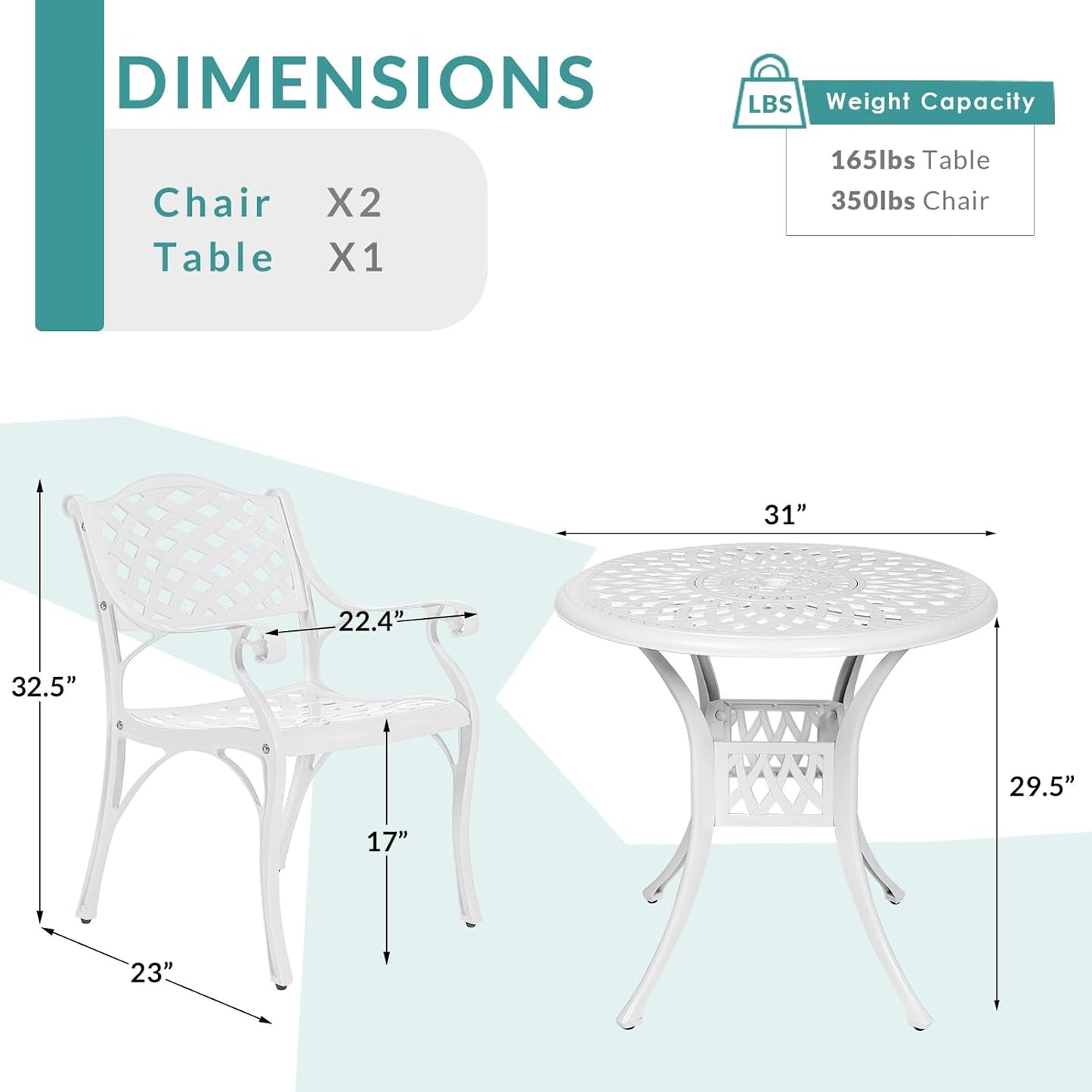 MEETWARM 3 Piece Patio Bistro Set, Outdoor All-Weather Cast Aluminum Dining Furniture Set Includes 2 Chairs and a 31” Round Table with Umbrella Hole for Garden Deck, White