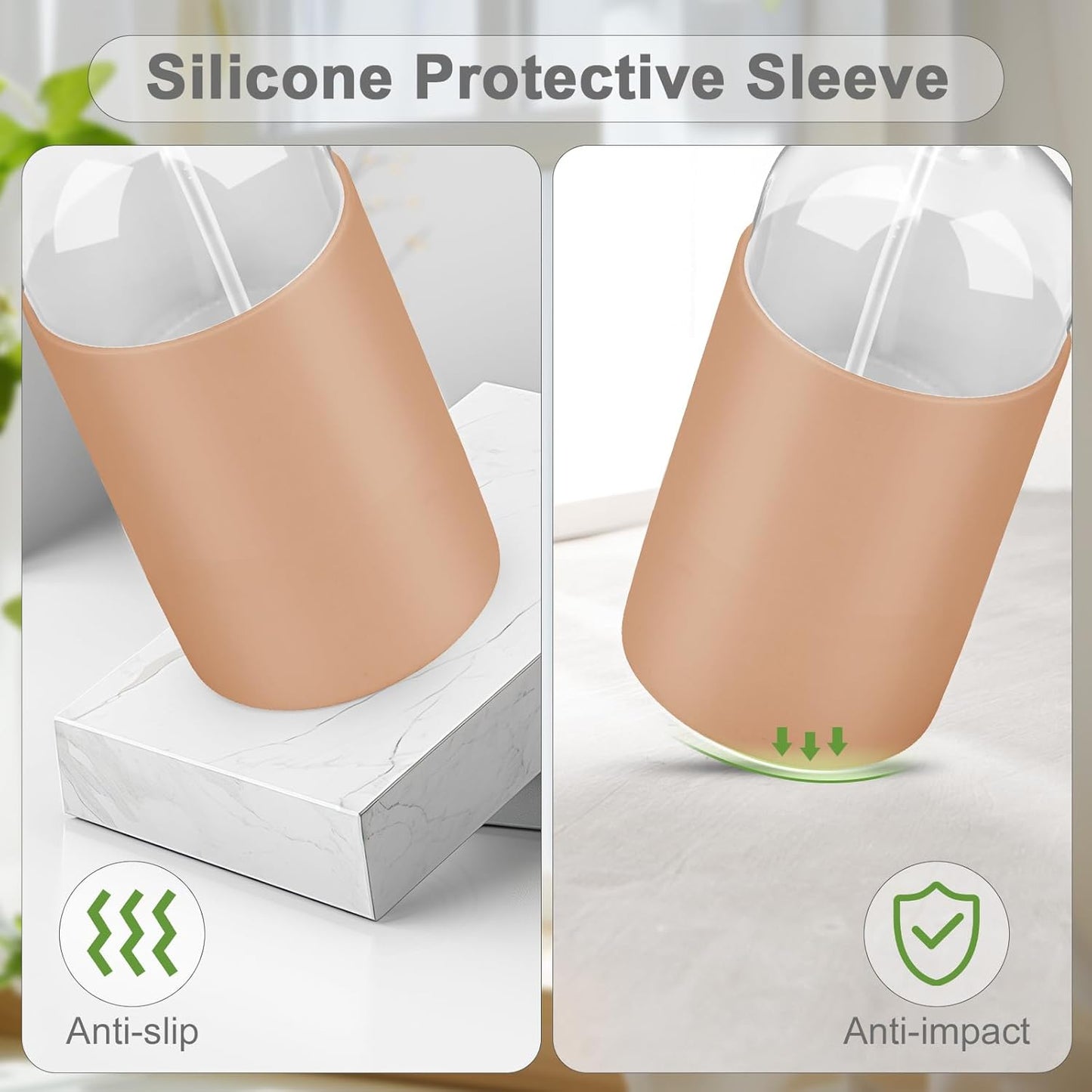 2 Pack Glass Spray Bottles with Long Silicone Sleeve, 16 oz Empty Refillable Containers with Adjustable Spray Nozzles, Spray Bottles for Hair, Cleaning Solutions and Plants khaki&Black