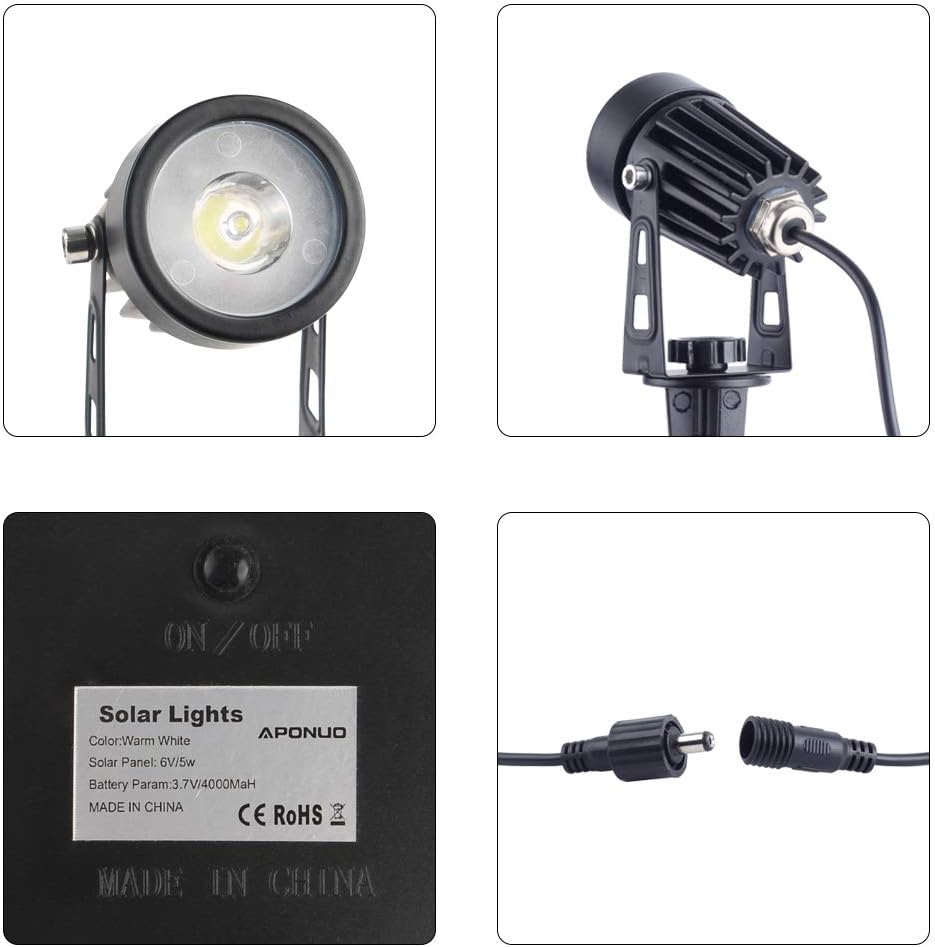 APONUO Metal Solar Spot Lights Outdoor with 9.8ft Cable Solar Powered Landscape Lighting Low Voltage IP65 Waterproof Auto On/Off for Outside Garden Yard Landscape Pathway Garage-Cool White(2-in-1)