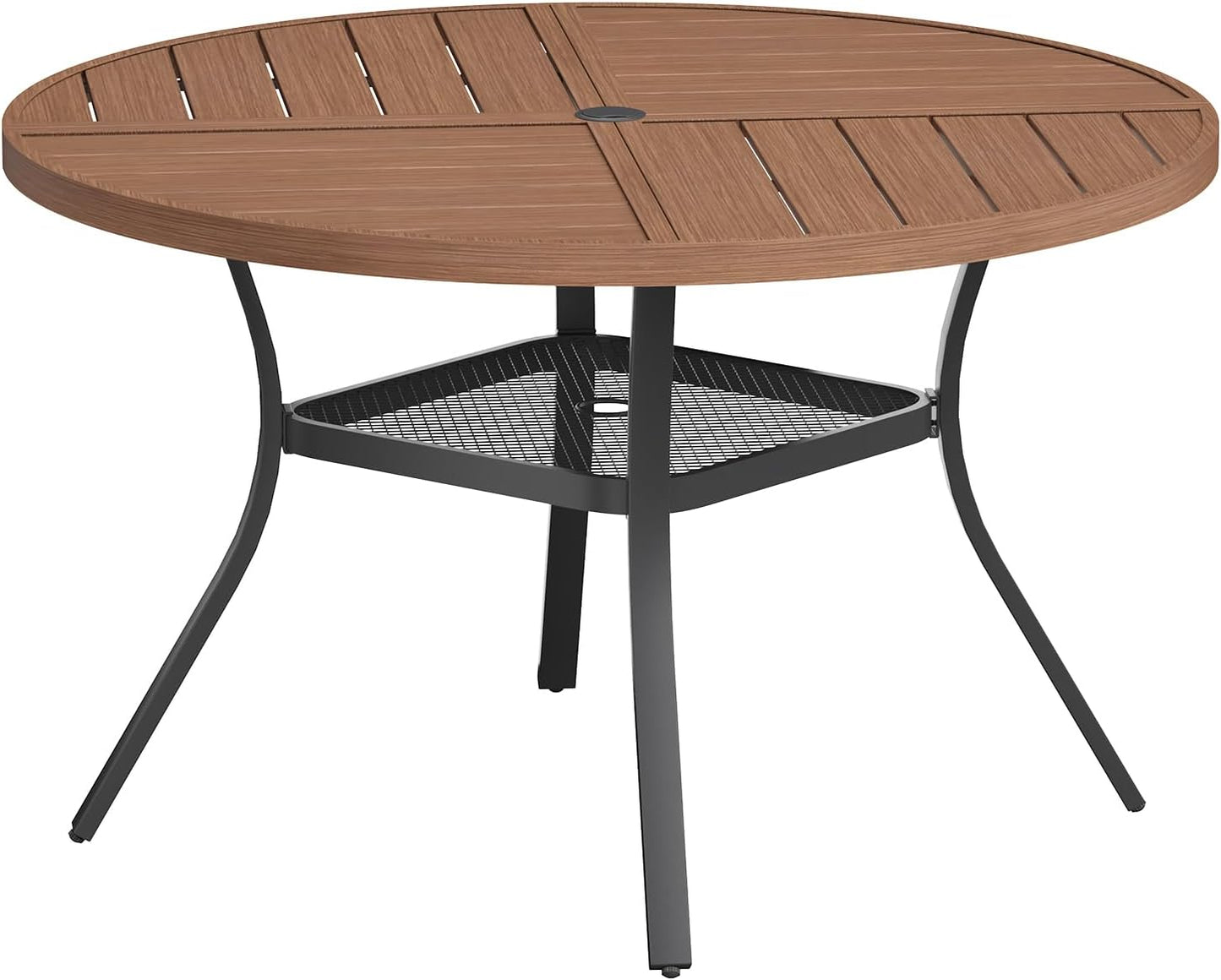 VICLLAX Round Patio Table with Adjustable Umbrella Hole for 4, All Weather Metal Outdoor Dining Table for Lawn Garden, 40.6" Outdoor Coffee Table, Walnut Wood-Like Tabletop