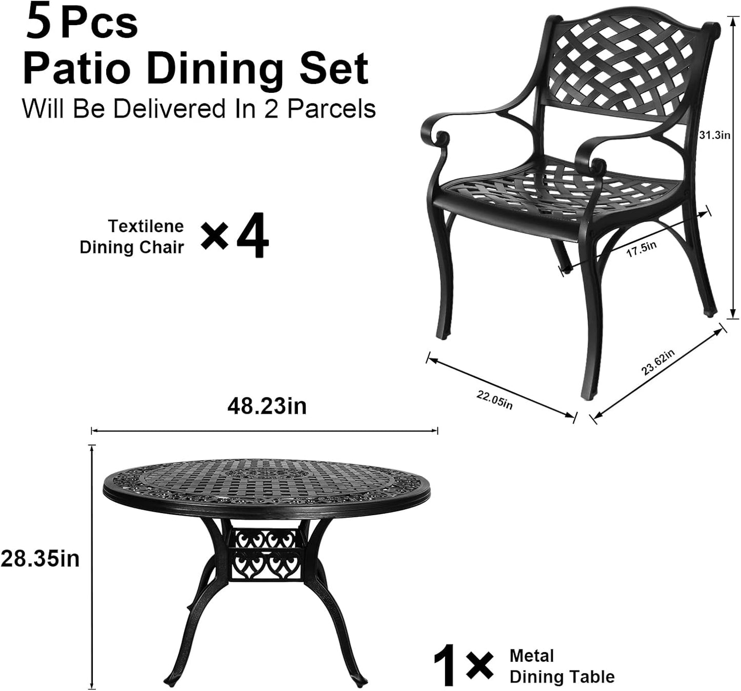 5 Pieces Cast Aluminium Patio Dining Set for 4-6 Person,Round 48" Patio Table and Chairs Set of 4 with 2.3" Umbrella Hole,Outdoor Patio Furniture Dining Set for Porch Backyard Deck, Black