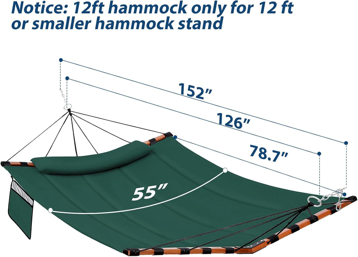 12FT 2 Person Hammock TegerDeger Large Hammock 450LB Capacity with V Shaped Hardwood Spreader Bar & Nylon Rope for Outside, Patio, Garden, Backyard, Beach, Poolside - Dark Green
