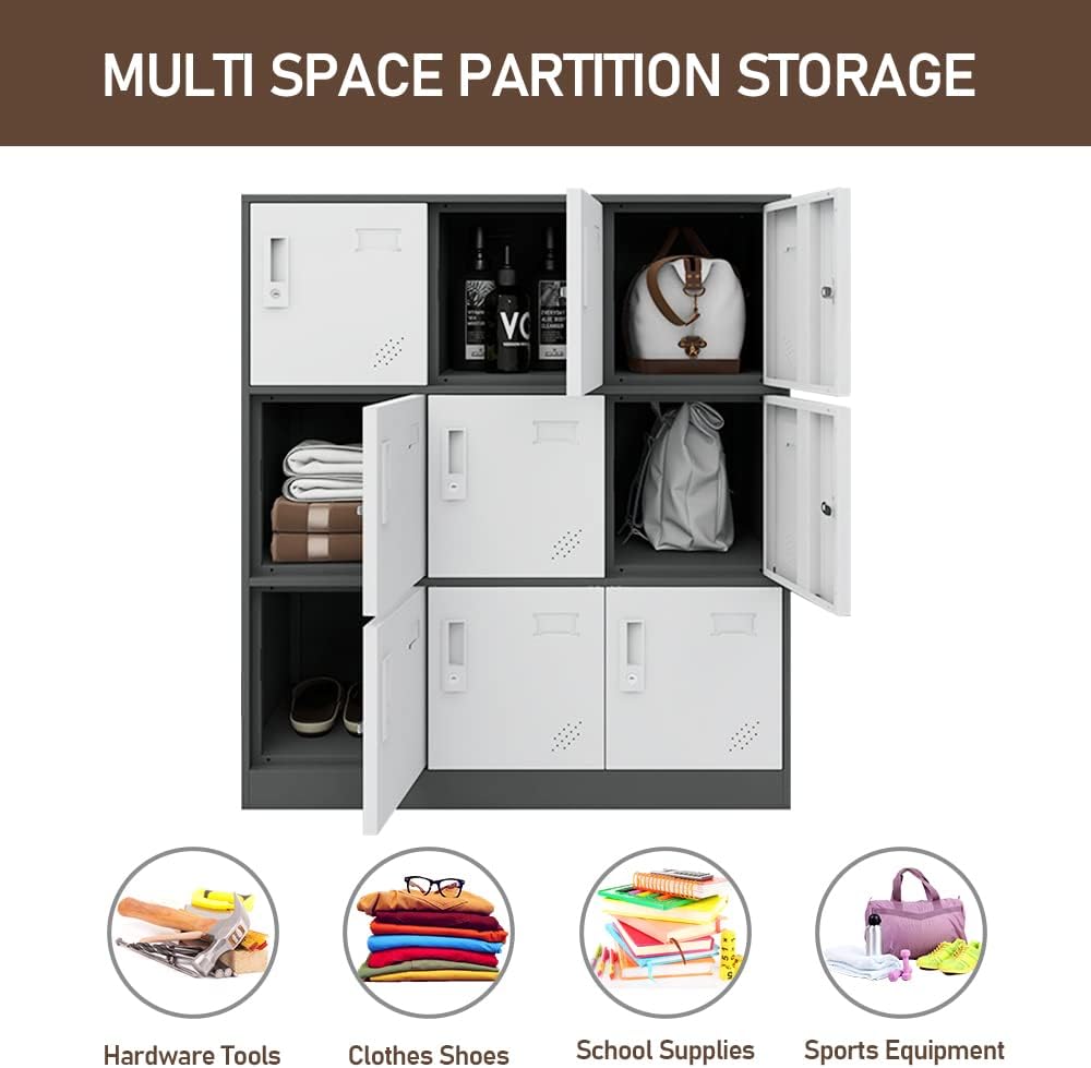 9 Door Metal Storage Locker Cabinet for Office, Home, Gym, School, Steel Cabinet to Storage File, Toys, Shoes and Sports Equipment, Locker Organizer for Gym Office Bedroom (9 Door, Grey)