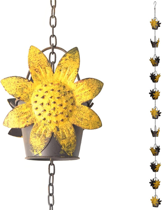 Rain Chains 8.5FT Metal Bucket Rain Chains for Gutters and Downspouts Vintage Rain Catcher Chain Sunflower Decorative Rain Chimes for Outside Rainwater Diverter Outdoor Decor for Garden Yard