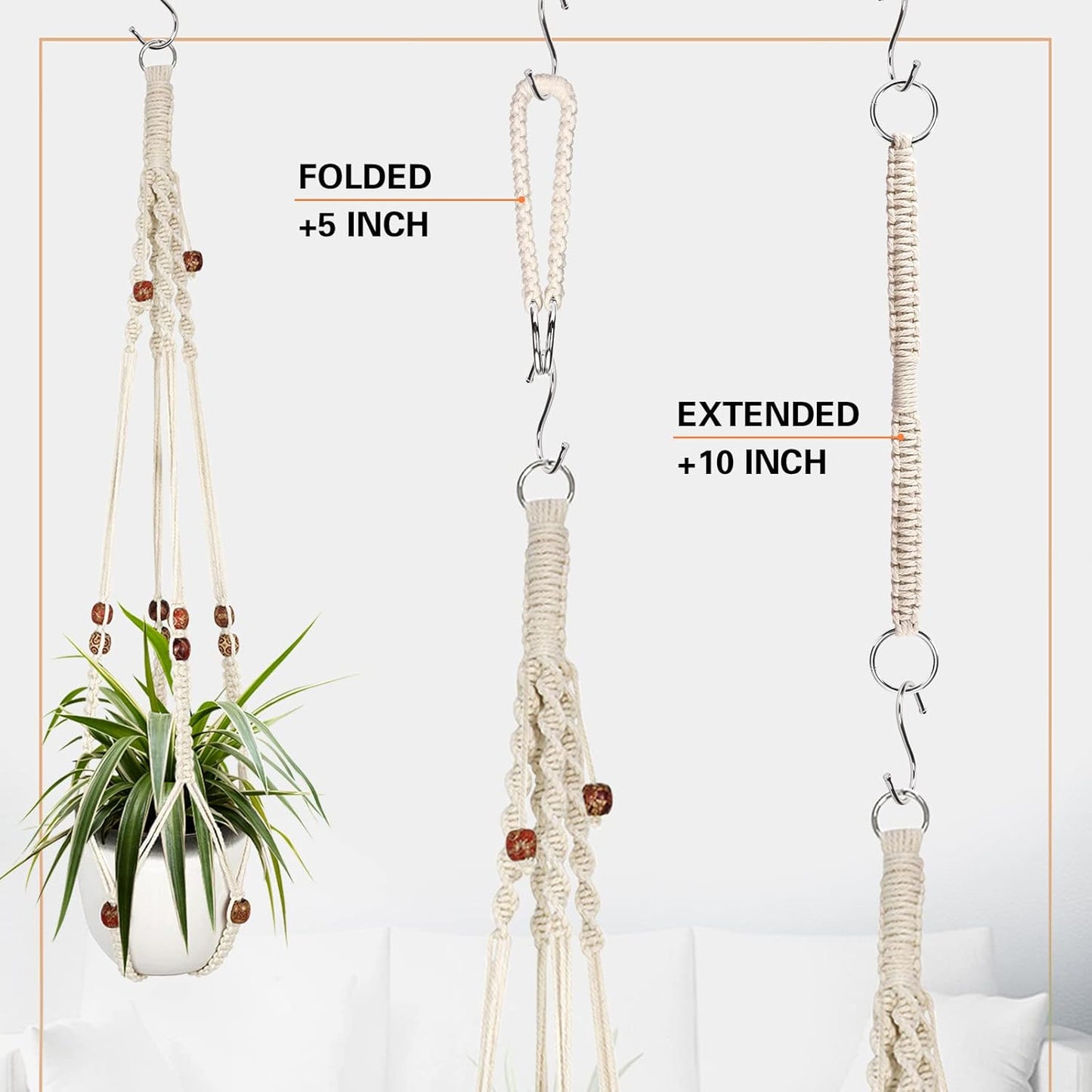 Augshy Macrame Plant Hanger, 2Pcs Hanging Plant Holder with Extender Plant Hangers for Indoor Outdoor Decor Macrame Hanging Planter Basket with 4 Hooks