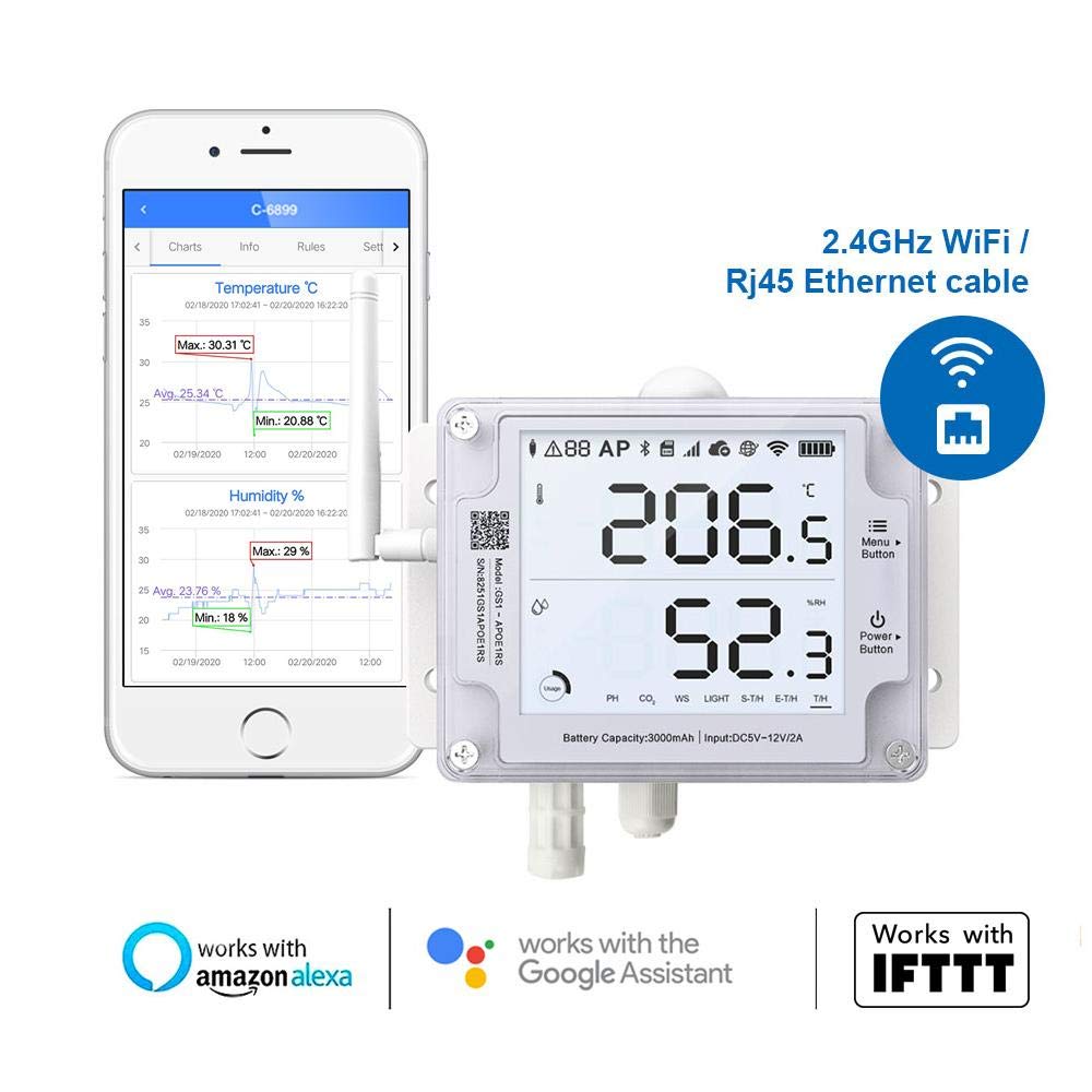 Ubibot GS1-AETH1RS + Siren Bundle Ethernet Thermometer Hygrometer, WiFi Temperature Humidity Sensor, Digital Temperature Data Logger, Free App Email Alert(2.4GHz WiFi & RJ45 Ethernet, no hub Required)