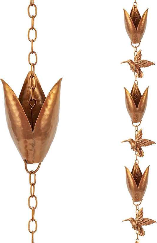 Rain Chains for Gutters, 8.5 Ft Rain Water Chain with 10 Tulip Cups & Detachable Hummingbird Decor, Adjustable Gold Rain Catcher Chain, Replacement for Downspout