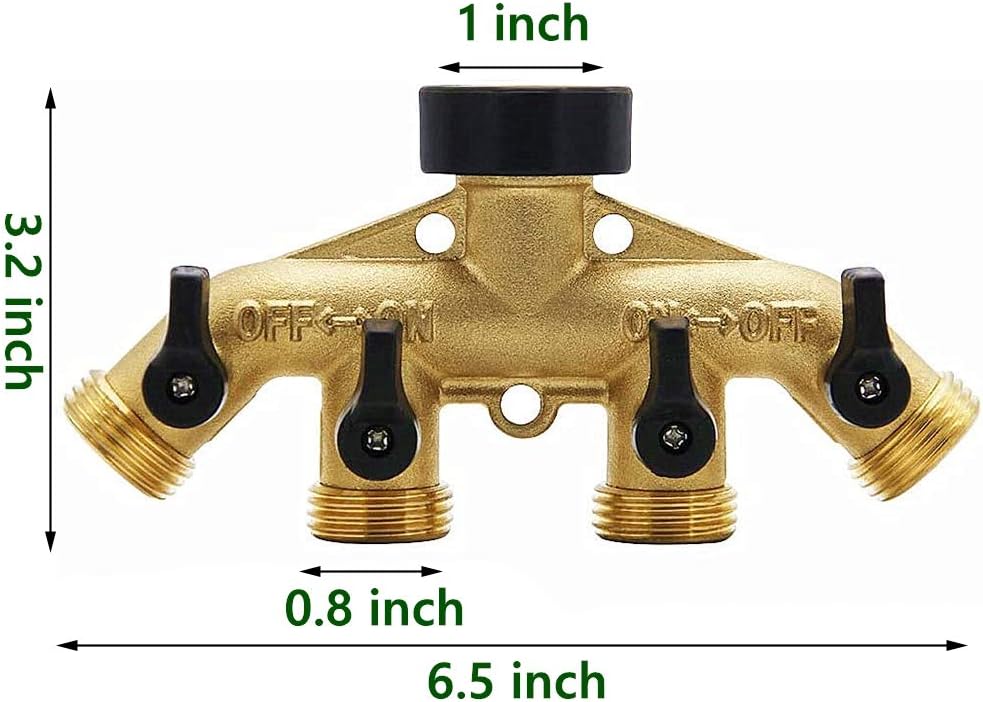 Biswing 4 Way Brass Hose Splitter, 3/4" Brass Hose Faucet Manifold, Garden Hose Adapter Connector, Hose Spigot Adapter with 4 Valves
