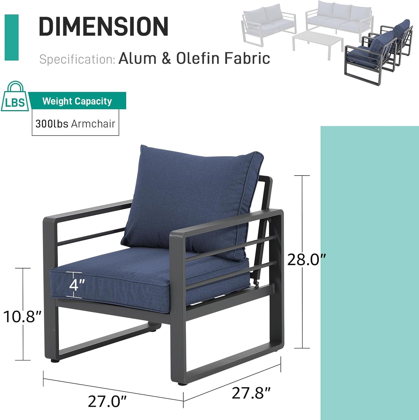 Patiorama Aluminum Patio Furniture Set, 2 PCS Outdoor Armchairs Single Sofa Couch, All Weather Dark Grey Metal Chair with Olefin Cushion, Deep Seating, 300 lbs Capacity, Deck, Garden-Blue Cushion