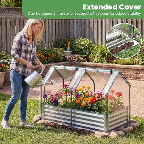 Giantex 4x2x3 FT Galvanized Raised Garden Bed with Greenhouse Cover, Outdoor Elevated Metal Planter Box w/Dual Roll-up Windows, Mini Greenhouse for Patio Balcony Vegetables Herbs Flowers (Silver)