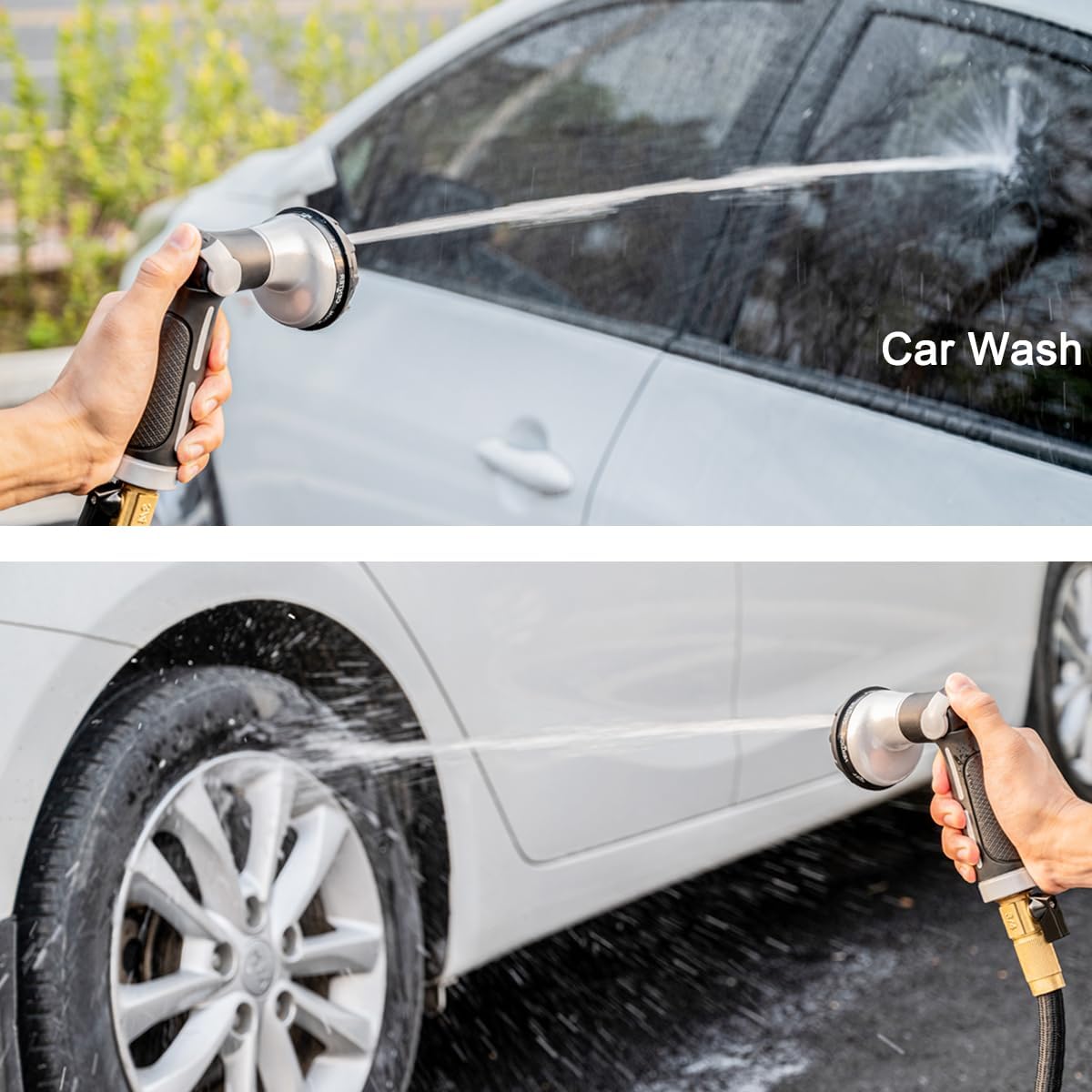 FANHAO Garden Hose Nozzle Heavy Duty, 100% Metal Water Hose Sprayer with 8 Spray Patterns, High Pressure Spray Nozzle Thumb Control On Off Valve for Lawn & Plant Watering, Car & Pet Washing - Silver