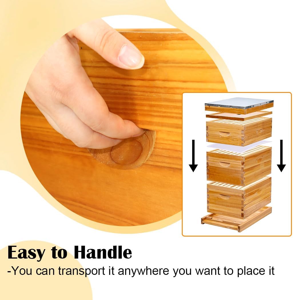 POLLIBEE 10 Frame Langstroth Beehive, Beeswax Coated Bee Hives for Bee Keeper,Beehive Include 2 Deep Bee Boxes and 1 Medium Bee Hive Box with Frame and Foundation(Unassembled)