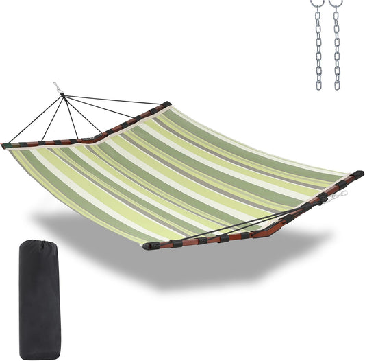 TegerDeger 12FT 2 Person Hammock Large Hammock Quick Dry 450LB Capacity with V Shaped Hardwood Spreader Bar & Nylon Rope for Outside, Patio, Garden, Backyard, Beach, Poolside - Tender Green Stripes