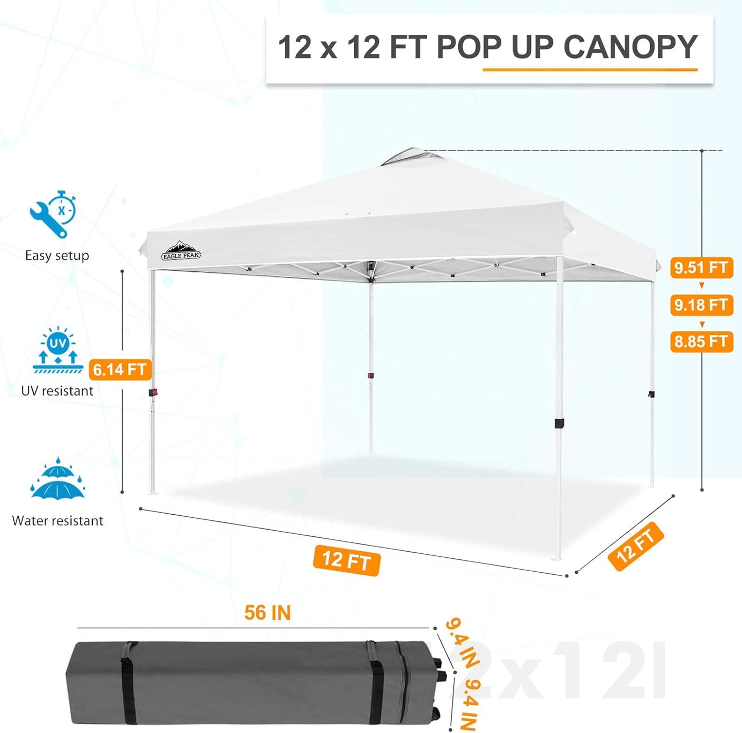EAGLE PEAK Pop Up Canopy Tent with Wheeled Carry Bag, 8 Stakes, 4 Ropes, 4 Weight Bags, Easy Set Up Tent Canopy, 12x12 ft, 144sqft of Shade, White