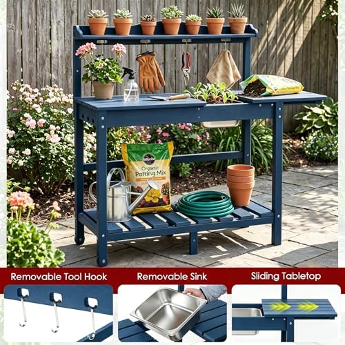 HDPE Outdoor Potting Bench with Sliding Tabletop & Removable Sink