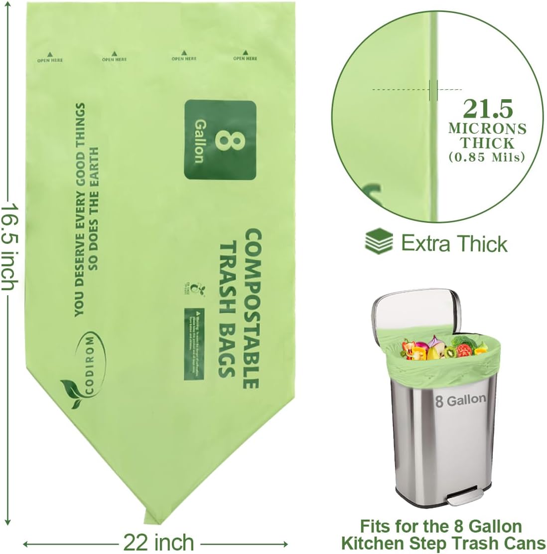 100% Compostable Trash Bags, 8 Gallon, 30 Liter, 0.85 Mils, 70 Count Large Kitchen Food Scrap Compost Bags for Kitchen Step Trash Cans with Europe EN13432 Certified