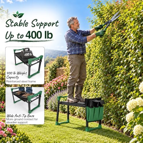 Foldable Garden Kneeler and Seat, 400 lb Capacity, 2 Tool Pouches