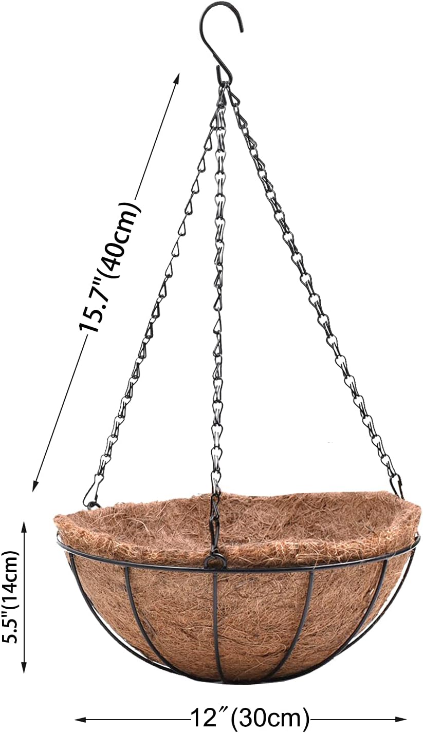 4 Pack Hanging Planter Basket Outdoor Large Hanging Flower Pots Indoor 12 inch with Coco Coir Liner Round Wire Plant Holder Chain Hanging Basket Garden for Home Decor Balcony Office1