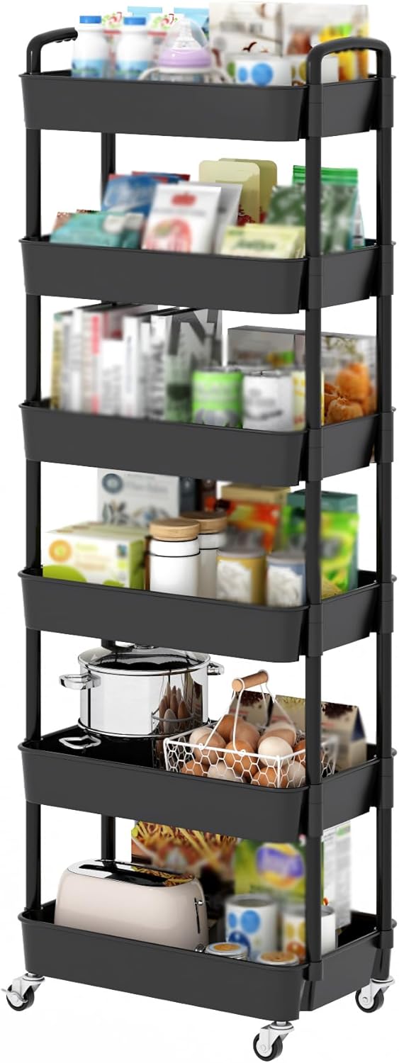 Sywhitta 6-Tier Plastic Rolling Utility Cart with Handle, Multi-Functional Storage Trolley for Office, Living Room, Kitchen, Movable Storage Organizer with Wheels, Black