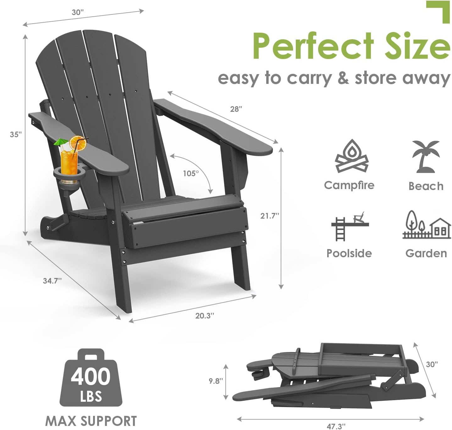 GREENVINES Folding-Adirondack-Chairs-Set-of-4 | HDPE Plastic | Fire Pit Chair | All Weather | Cup Holder | Grey | for Deck Backyard Patio Outdoor Garden
