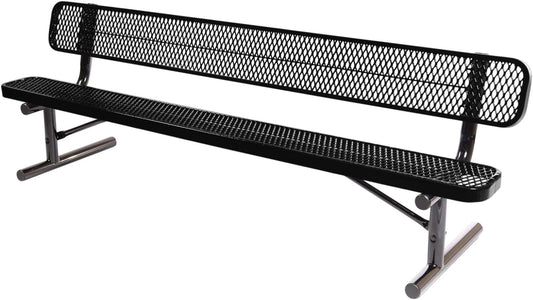 Heavy-Duty Portable Outdoor Bench Thermoplastic Coated, Expanded Metal, Commercial-Grade Seating, Made in America (Portable with Back, 8 Ft, Textured Black)