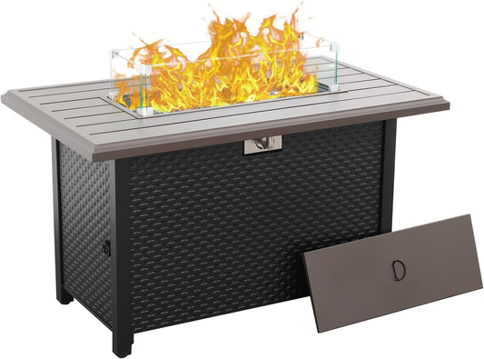 45 Inch Fire Table for Outside 60000 BTU Steel Gas Fire Pit Outdoor Fire Pit Table with Grille Tabletop Glass Wind Guard Fire Pit Cover and Blue Crystal Beads
