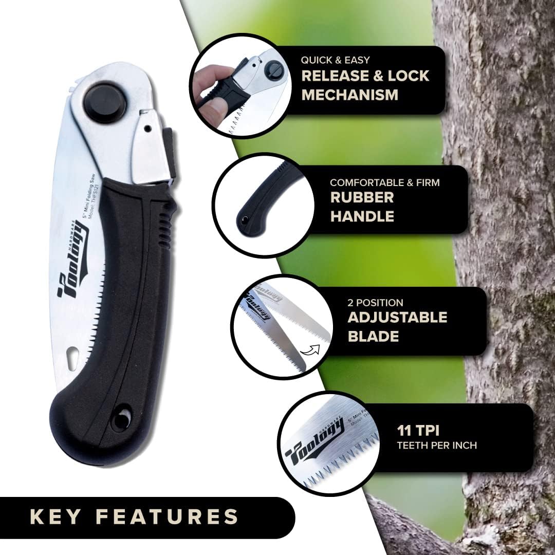 5" Folding Hand Pruning Saw for Gardening, Camping, Wood/Tree Cutting, Made with Heavy Duty SK-5 Steel (Black)