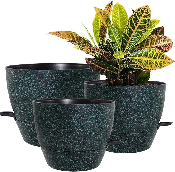 10/9/8 inch Self Watering Pots, Set of 3 Plastic Planters with Mesh Drainage Holes and Deep Reservoir for Indoor Outdoor Garden Plants and Flowers, Black with Green Speckles