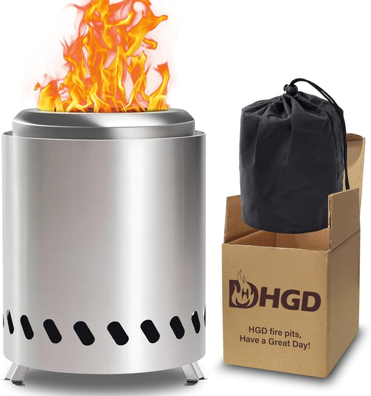 HGD 9.6 x 7.1 in Small Tabletop Fire Pit, Portable Mini Smokeless Table Top Firepit, Low Smoke Camping Stove for Outdoor & Patio, Fueled by Pellets or Wood, with Travel Bag, Stainless Steel, Silver