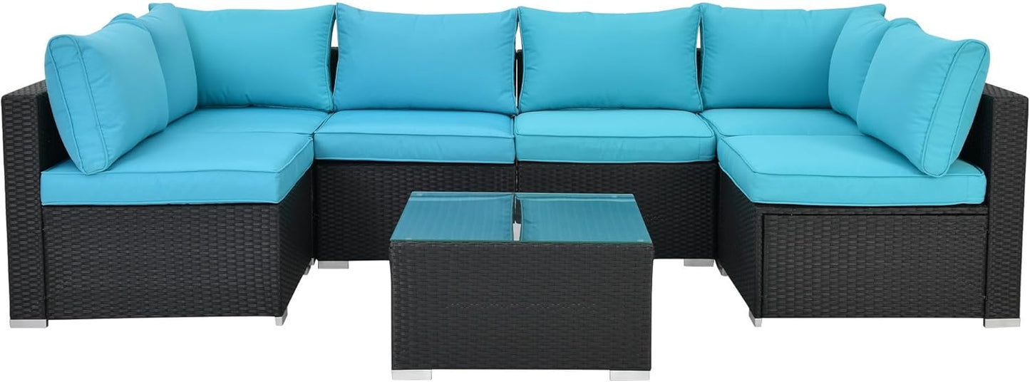 7-Piece Patio Furniture Set - Outdoor Sectional Sofa Set with Cushions and Glass-Top Coffee Table for Gardens, Poolside, Backyards and Porches, Black/Blue