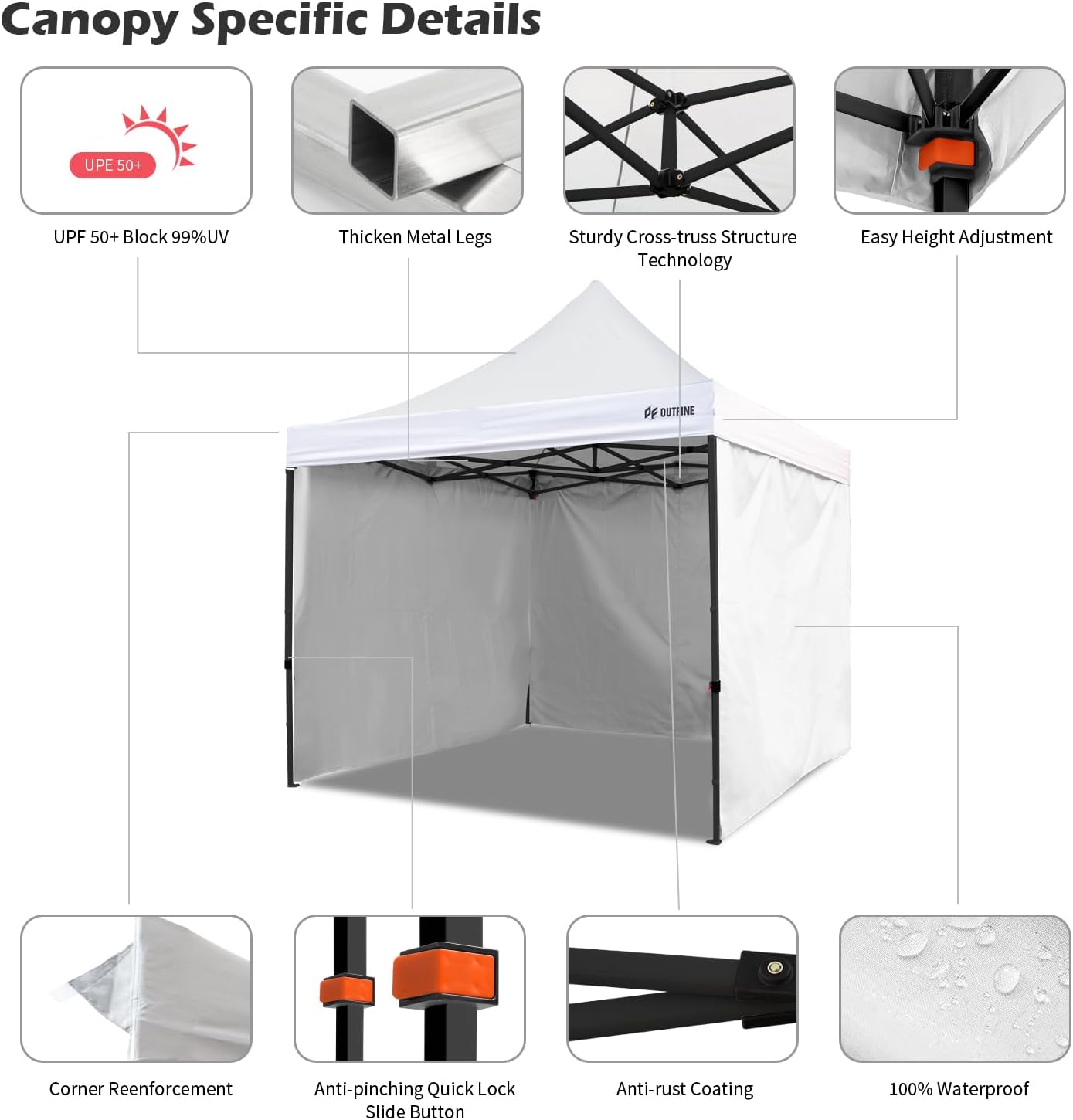 OUTFINE Heavy Duty Canopy 10x10 Pop Up Commercial Canopy Tent with 3 Side Walls Instant Shade, Bonus Upgrade Roller Bag, 4 Weight Bags, Stakes and Ropes (White, 10 * 10FT)