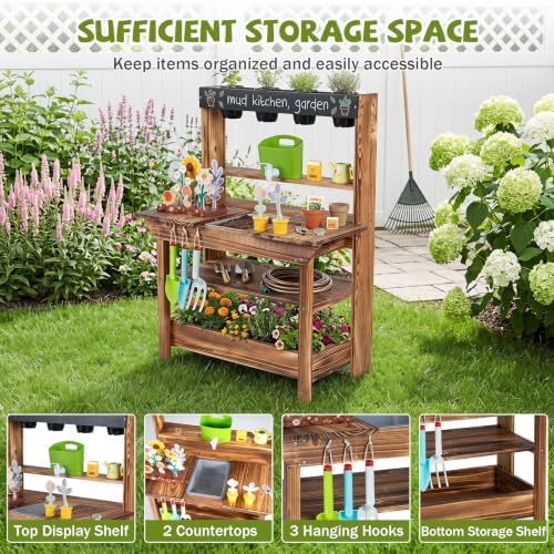 HONEY JOY Mud Kitchen, Fir Wood Kids Potting Bench Table, Removable Sink, 4 Planting Cups, Accessories, Outdoor Play Kitchen for Toddlers, Garden Time Mud Kitchen for Kids Outdoor Backyard