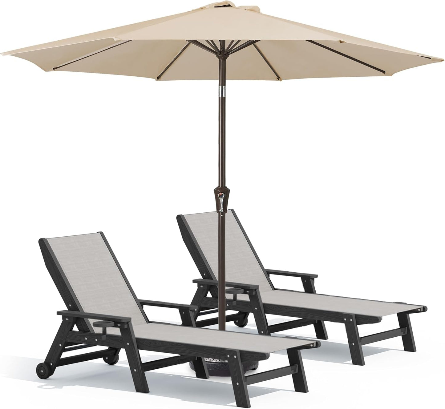 SERWALL Textilene Patio Chaise Lounge Chair Set of 2 with 9FT Patio Umbrella, 5 Positions Outdoor Lounger with Rolling Wheels for Pool, Deck, Black (Umbrella Base not Included)