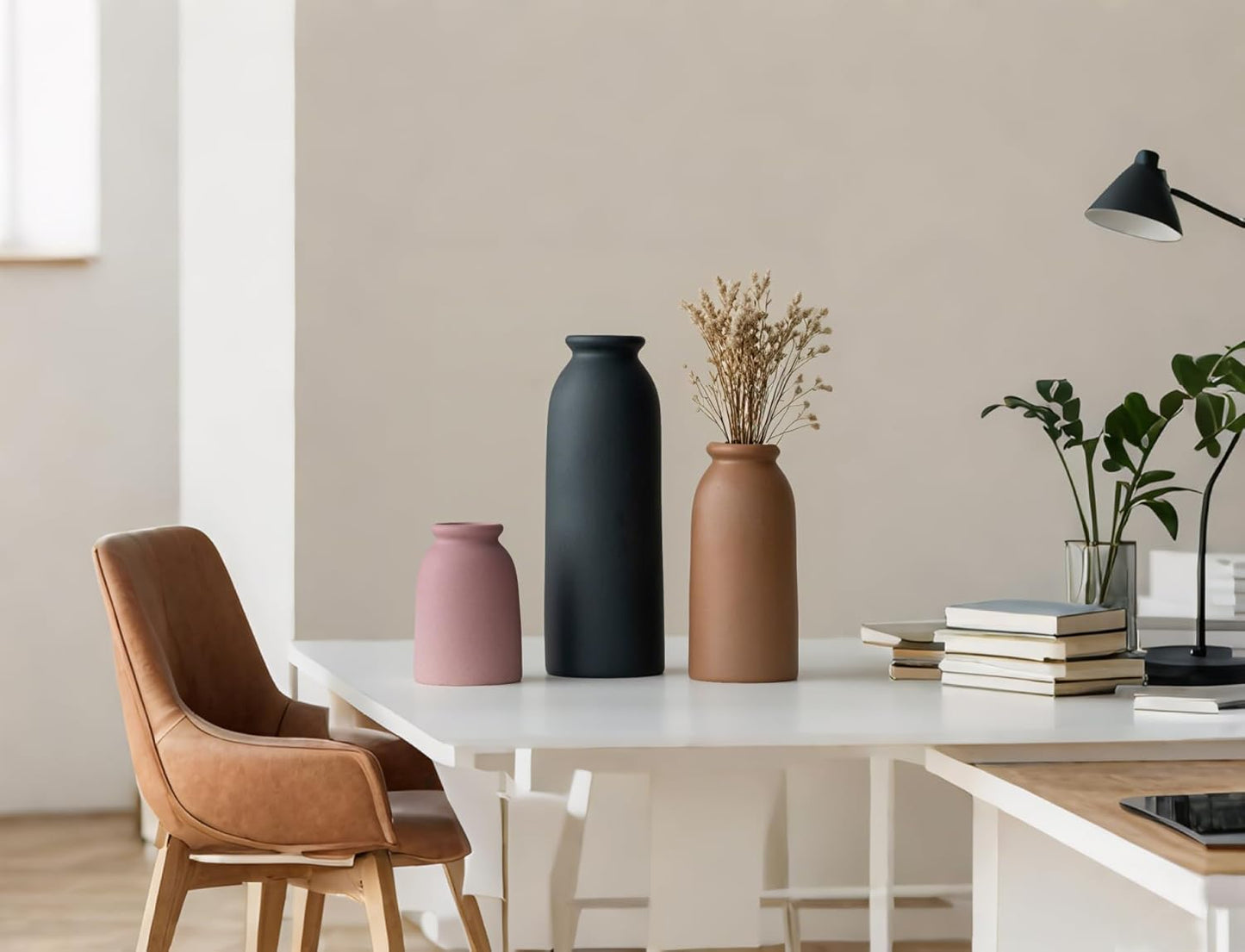 Ceramic Vase Set-3, Small Flower Vases for Decor, Modern Boho Farmhouse Style, Decorative Vases for Pampas Grass & Dried Flowers, Distressed Finish (Light Coffee)