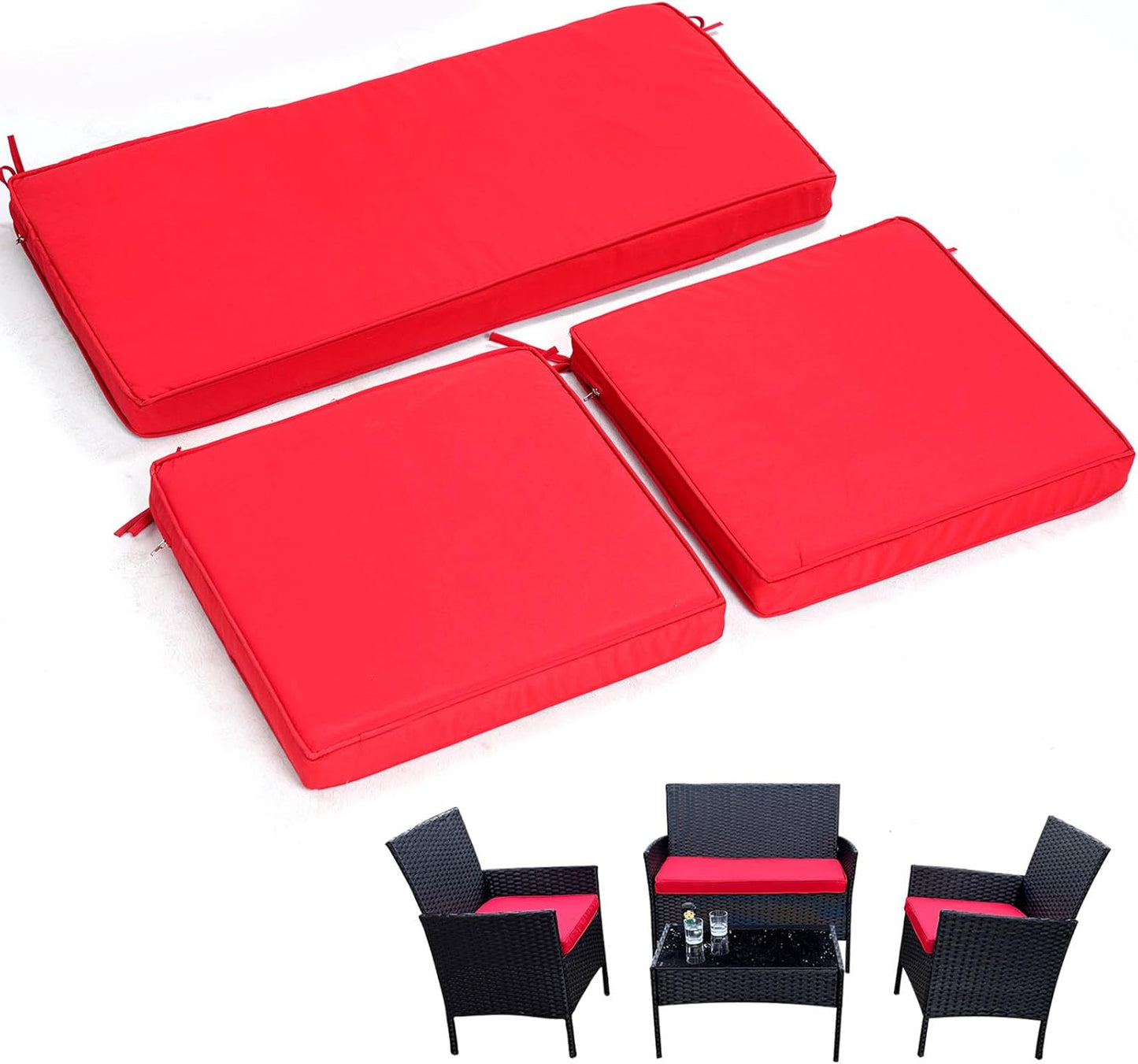 3-Pack Outdoor Patio Furniture Replacement Cushions Set–High-Elastic Sponge Cushions Fit 4-Piece Wicker Rattan Sofa, Loveseat & Chairs, 36x18x2 & 18x18x2, Waterproof, Fade-Resistant (Wine red)