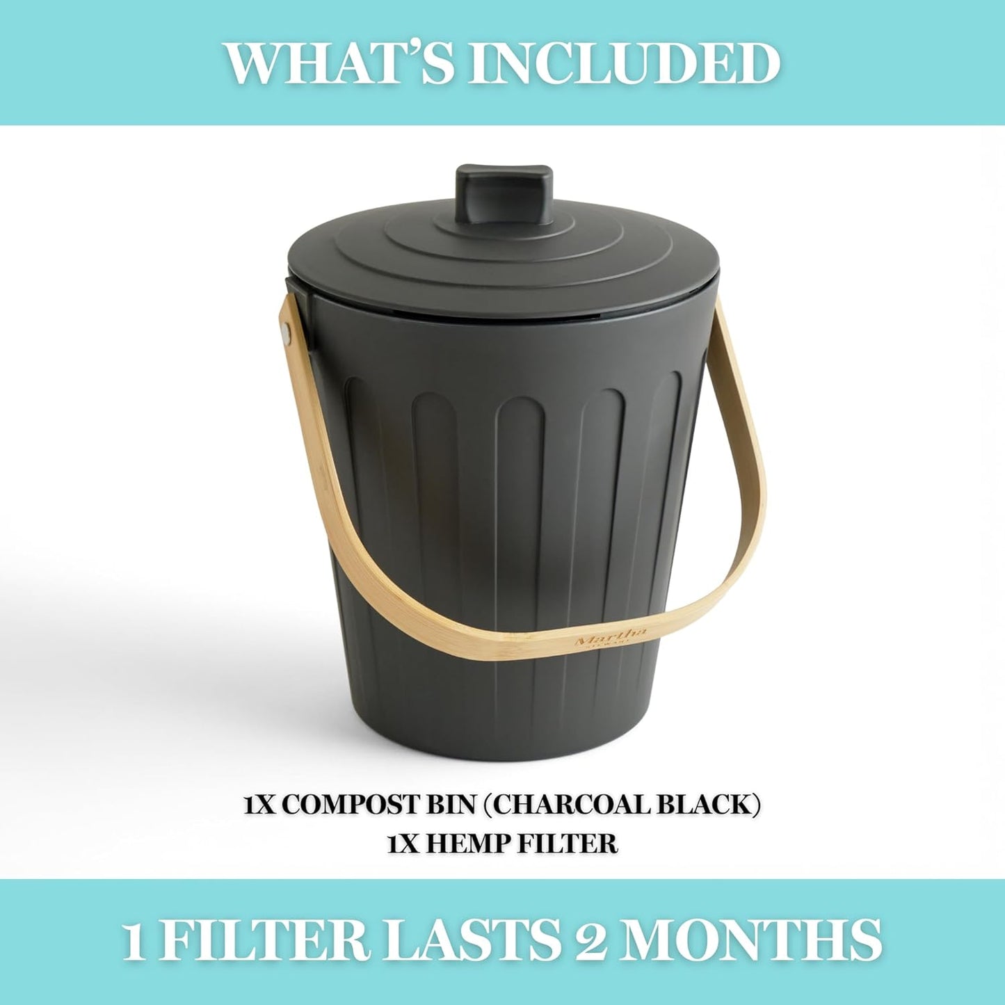 Martha Stewart Indoor Compost Bin | Countertop Composting Bucket for Kitchen | .7 Gallon Capacity | Includes Filter | Plant Based Materials | Charcoal Black