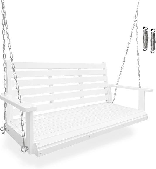 Wooden Porch Swing, Ergonomic Seat, Bench Swing with Hanging Chains and 7mm Springs, Heavy Duty 880 LBS, for Outdoor Patio Garden Yard (High Gloss White, 2-Seater Extra Large)