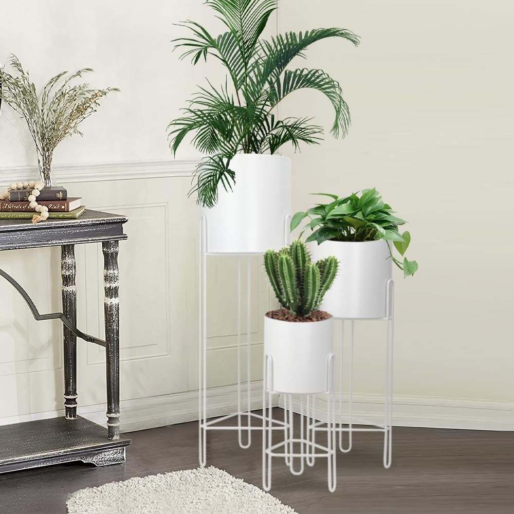 TRIROCKS Set of 3 Planters with Stand Indoor Otdoor Tall Planters for Indoor Plants 29 &22 &12" Morden Planters Flower Pots for Living Room Corner Kitchen Office Garden Balcony Patio Decor(White)