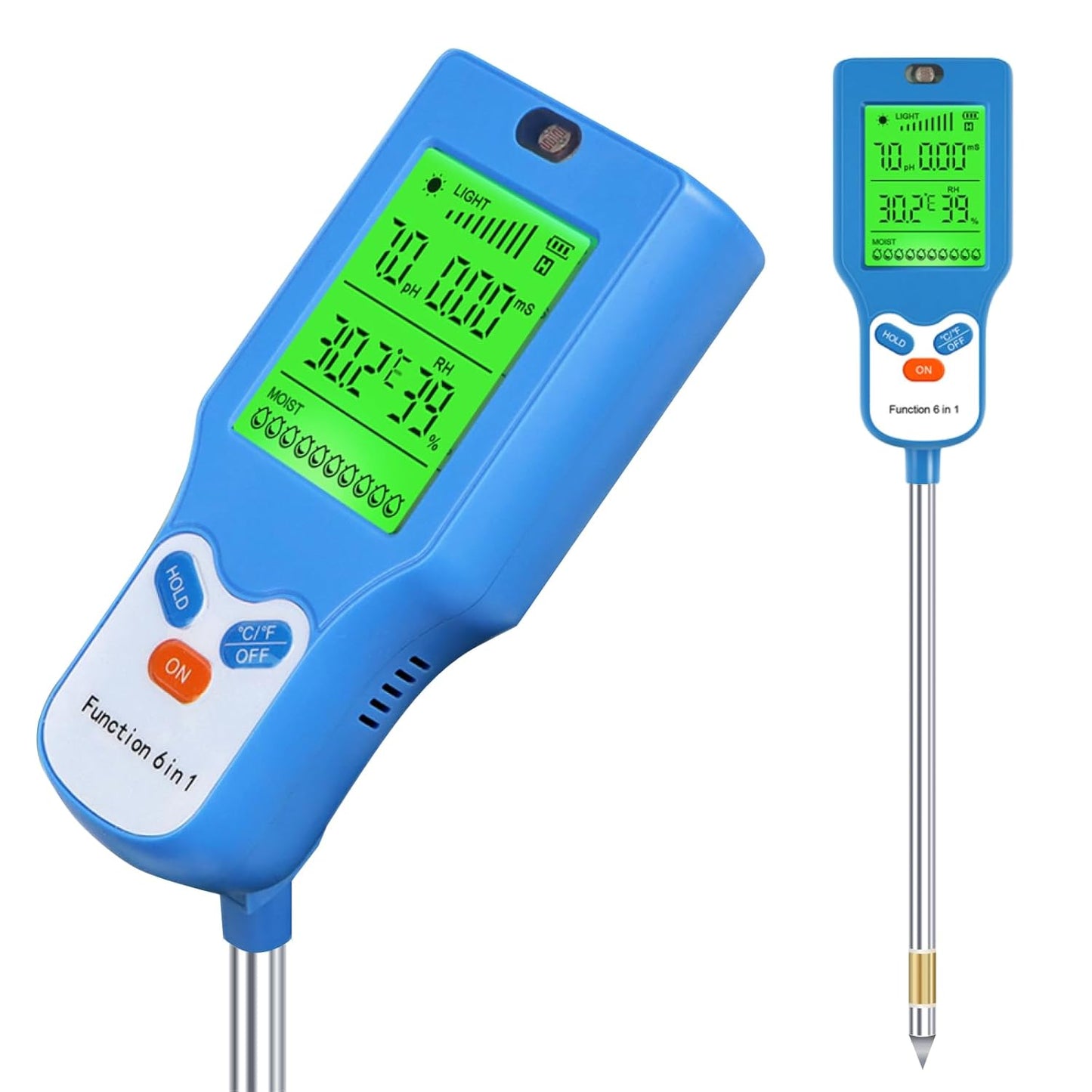 6-in-1 Soil Moisture Meter Digital PH Meter/Soil Moisture/Plant Temperature/Sunlight Intensity, Backlight LCD Display, Soil Test Meter for Garden, Lawn, Plant Care (Blue)