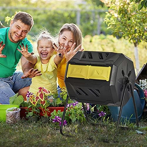Compost Tumbler Bin, 160L Dual Chamber with 360-Degree Rotation, Yellow