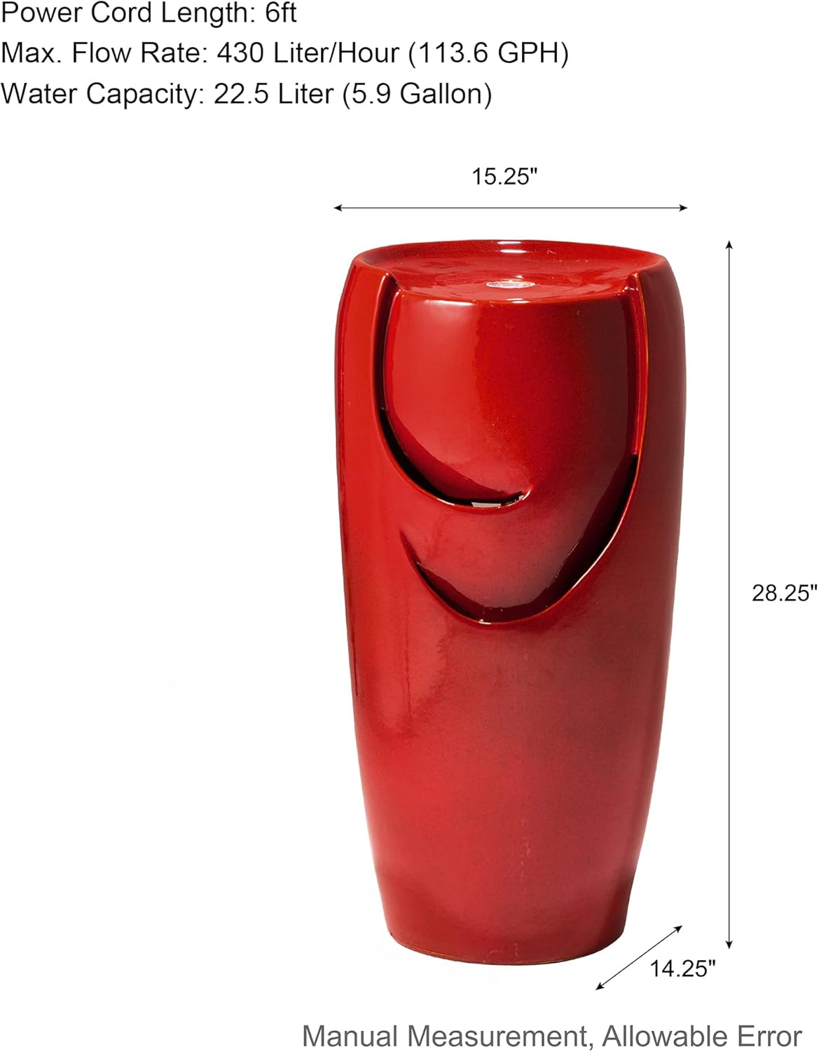 Glitzhome 29.25" H Oversized Ceramic Vase Outdoor Water Fountain Tall Patio Garden Water Fountain with LED Light and Submersible Pump Yard Art Decor, Red