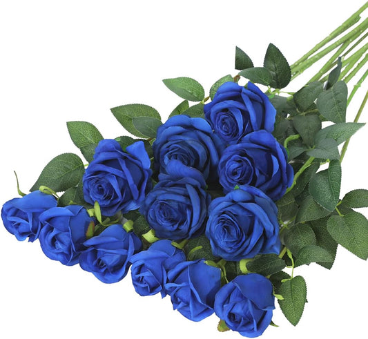 Hawesome 12PCS Artificial Silk Flowers Realistic Roses Bouquet Long Stem for Home Wedding Decoration Party (Blue 1)