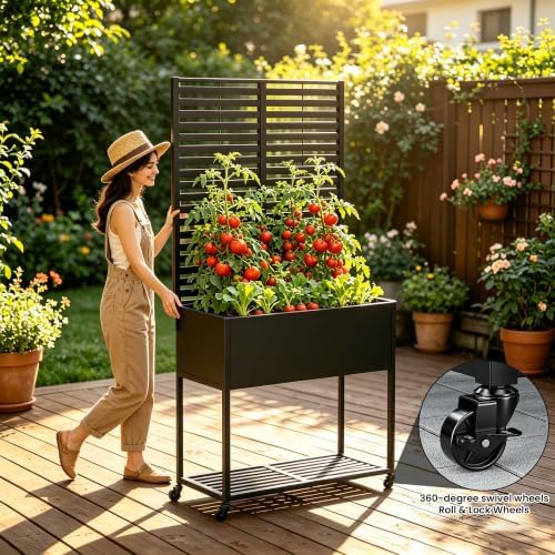 Metal Raise Garden Bed with Trellis,70" Elevated Trellis Planter Outdoor