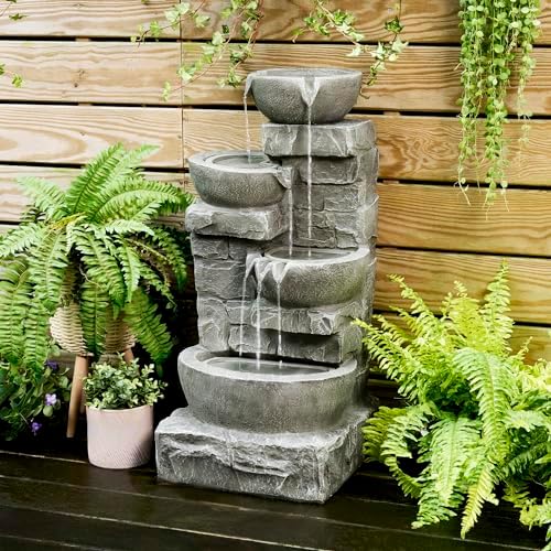 Teamson Home 33.25 in. Cascading Bowls and Stacked Stones LED Outdoor Water Fountain for Gardens, Landscaping, Patios, Balconies, and Lawns for a Calming Oasis in Outdoor Living Spaces, Stone Gray