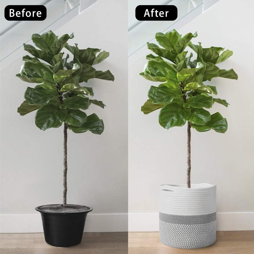 TIMEYARD Woven Cotton Rope Plant Basket for 10" Flower Pot Floor Indoor Planters, 11” x 11” Storage Basket Organizer Modern Home Decor, Grey and White Stripes