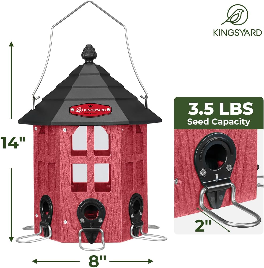 Kingsyard Wild Bird Feeder for Outdoor Hanging, Recycled Plastic Bird Feeders with 6 Ports & U-Shape Perch, Garden Yard Outside Decoration, 3.5 lbs Seed Capacity, Red